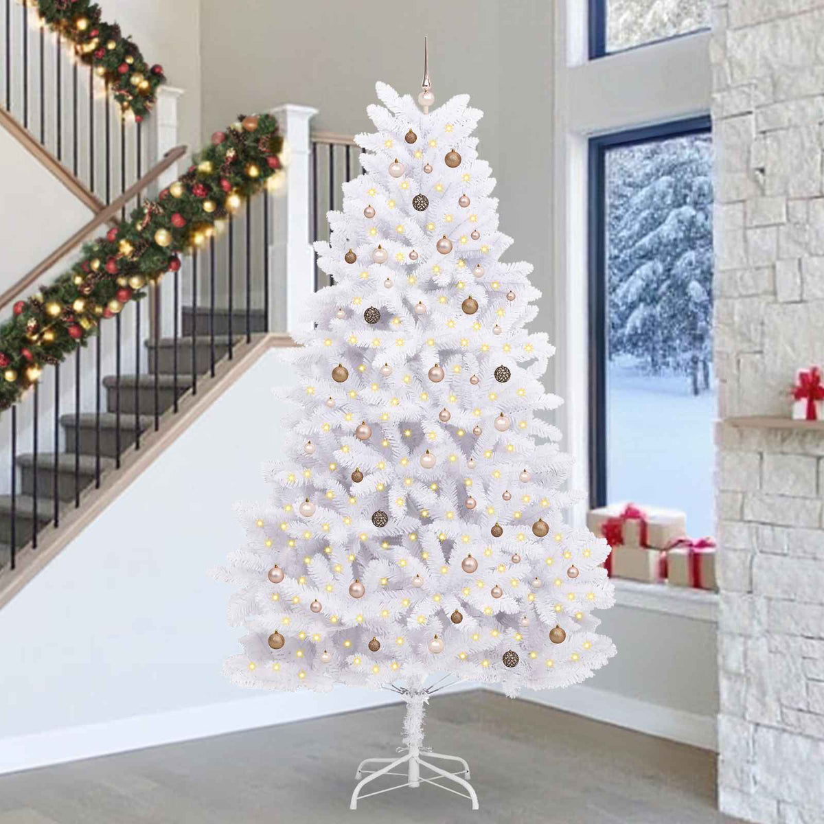 Artificial Christmas Tree 300 cm PVC and Steel White Ø 138 x 300 cm with 300 LEDs&rose gold balls