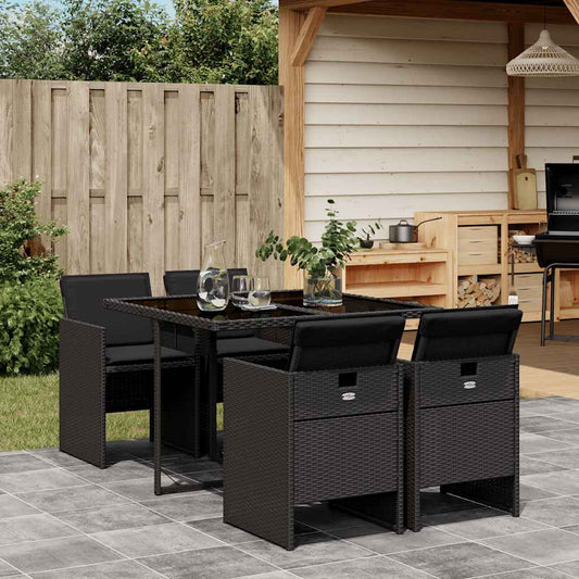 5 Piece Garden Dining Set with Cushions Poly Rattan Glass 4 Black