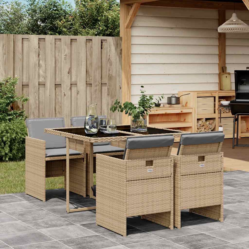 5 Piece Garden Dining Set with Cushions Poly Rattan Glass 4 Mix beige