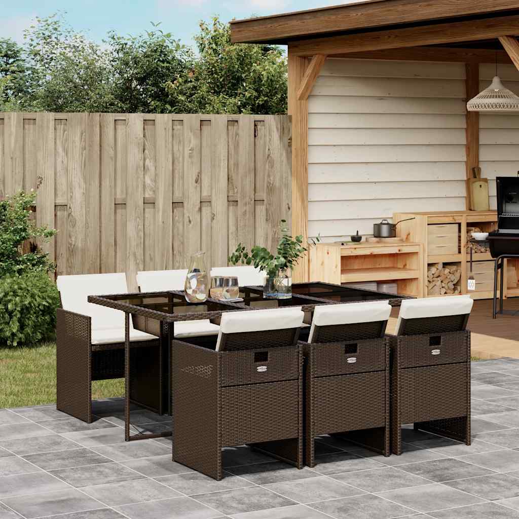 vidaXL 7 Piece Garden Dining Set with Cushions Brown Poly Rattan 1
