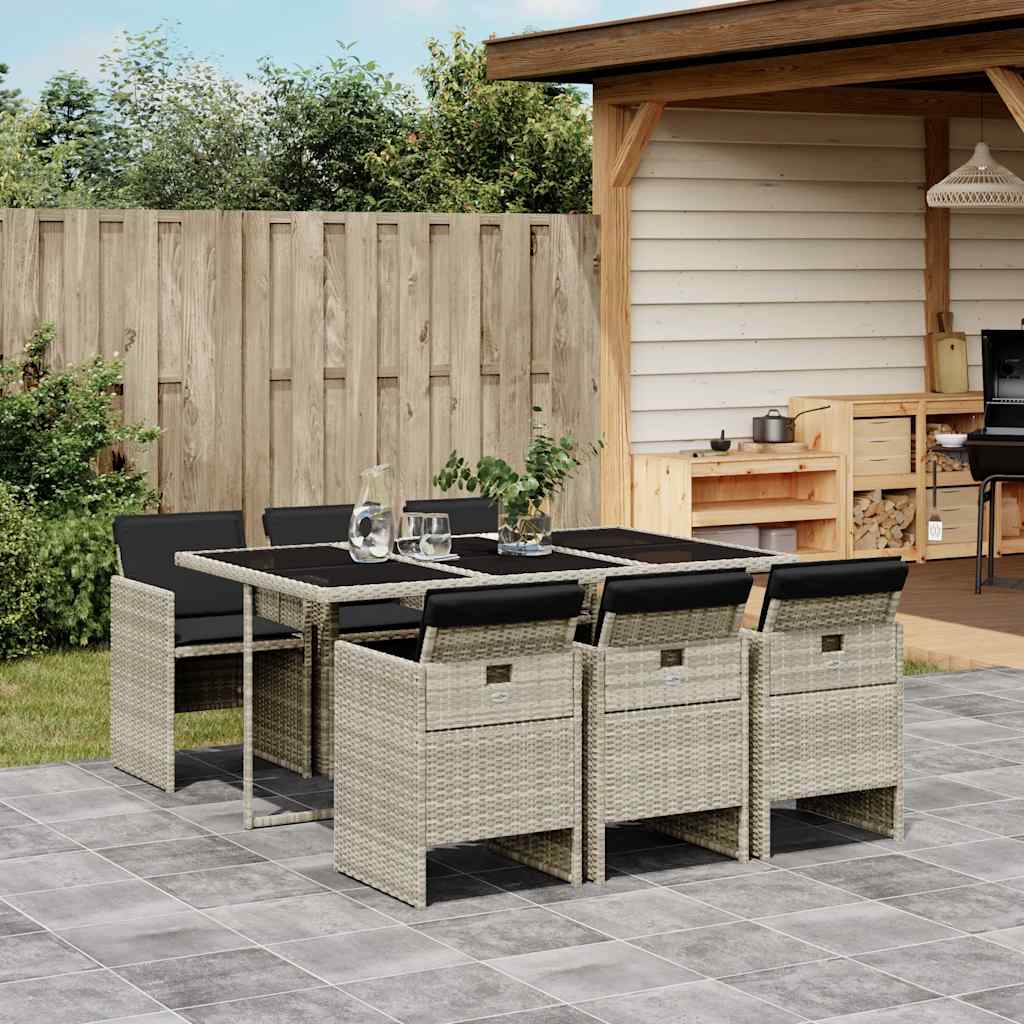 7 Piece Garden Dining Set with Cushions Poly Rattan Glass 6 pcs Light grey