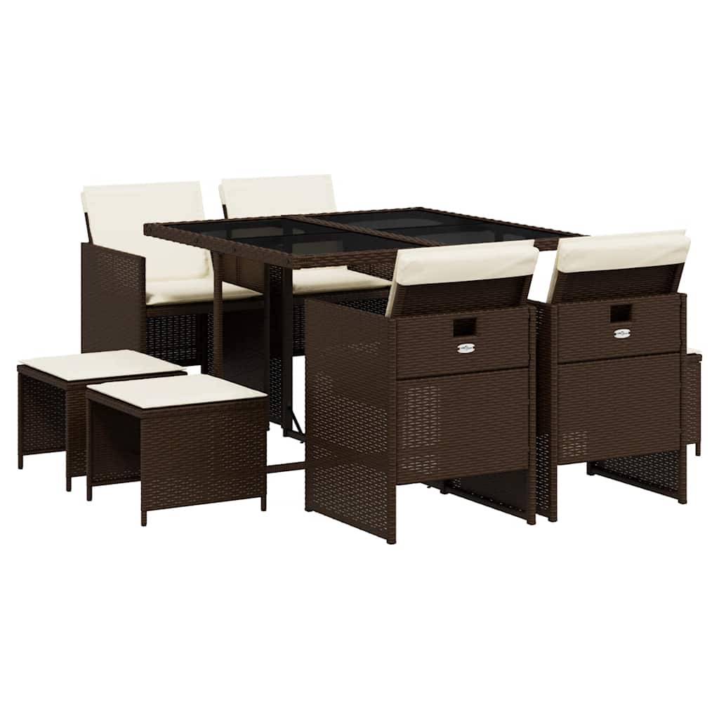vidaXL 9 Piece Garden Dining Set with Cushions Brown Poly Rattan 2