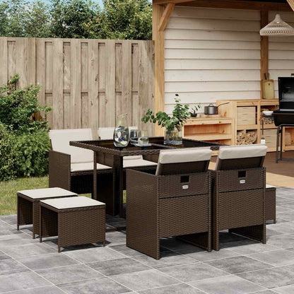 vidaXL 9 Piece Garden Dining Set with Cushions Brown Poly Rattan 1
