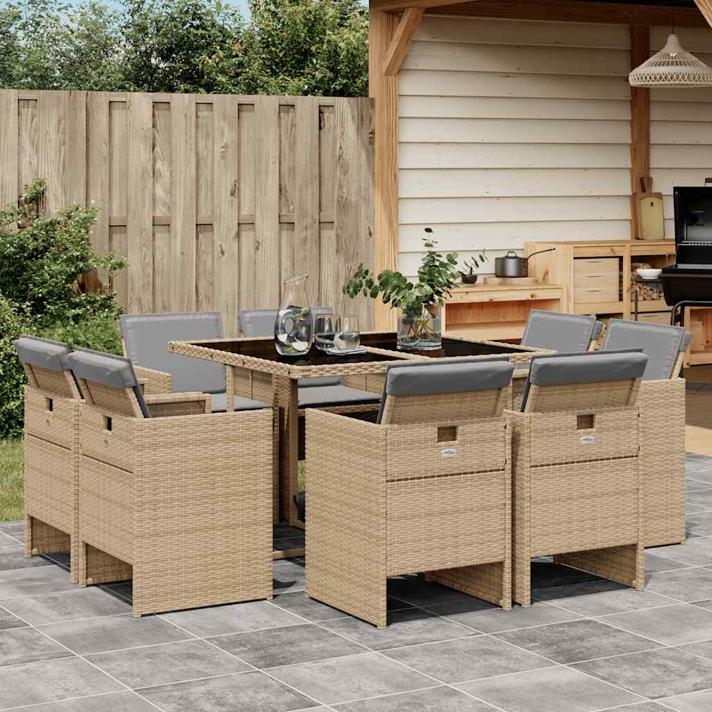 vidaXL 9 Piece Garden Dining Set with Cushions Mix Beige Poly Rattan 1