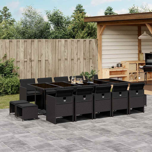 15 Piece Garden Dining Set with Cushions Poly Rattan Glass 14 pcs Black
