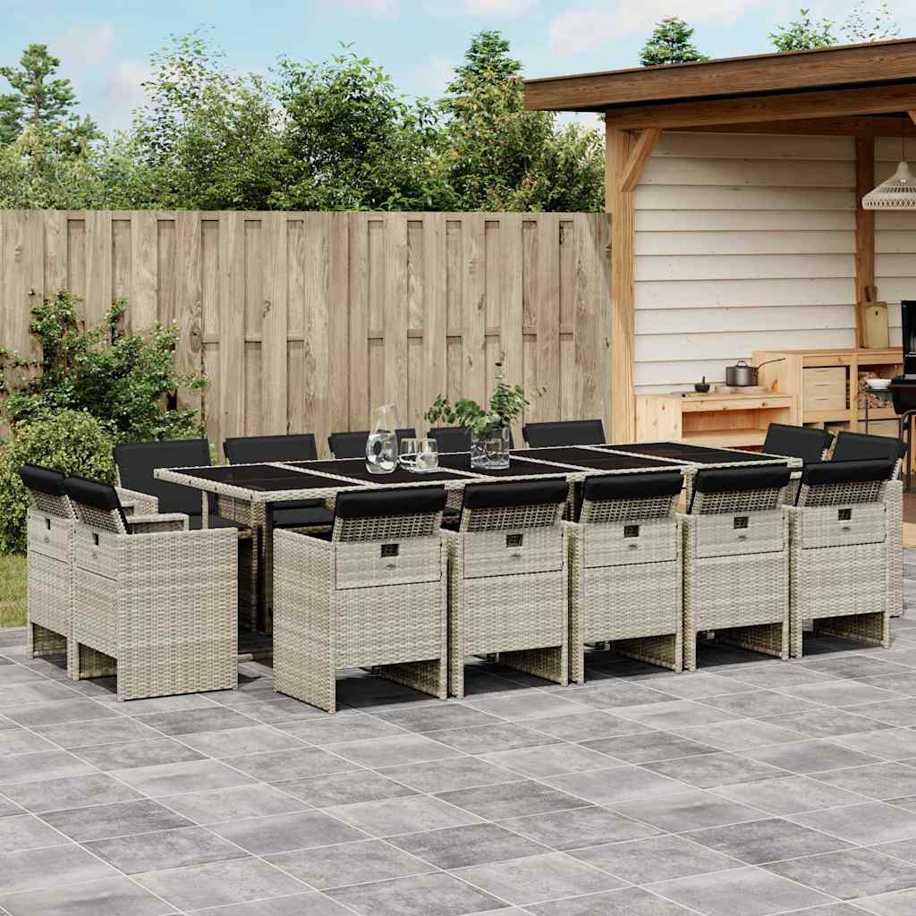 15 Piece Garden Dining Set with Cushions Poly Rattan Glass 14 pcs Light grey