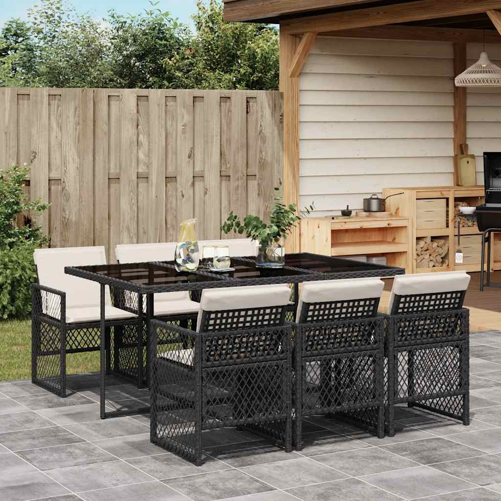 vidaXL 7 Piece Garden Dining Set with Cushions Black Poly Rattan 1