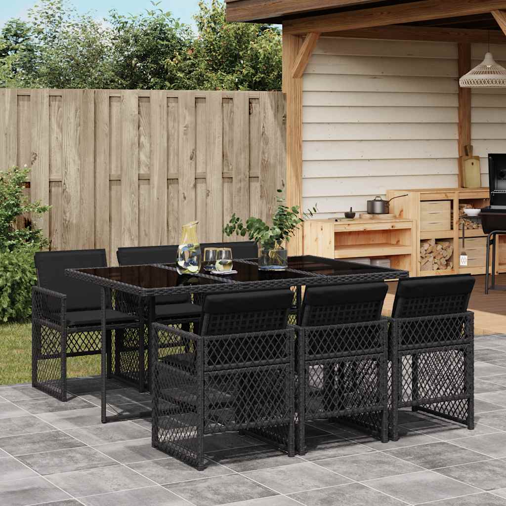 vidaXL 7 Piece Garden Dining Set with Cushions Black Poly Rattan 1