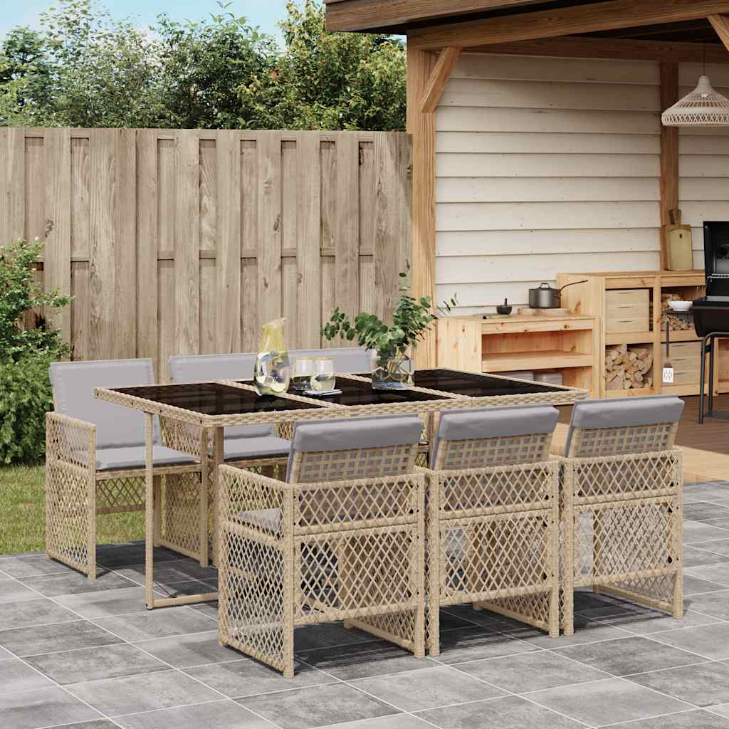 vidaXL 7 Piece Garden Dining Set with Cushions Beige Poly Rattan 1