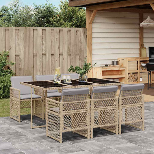 7 Piece Garden Dining Set with Cushions Poly Rattan Glass 6 Beige and grey