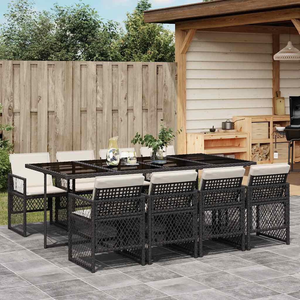 9 Piece Garden Dining Set with Cushions Poly Rattan Glass 8 pcs Black and cream