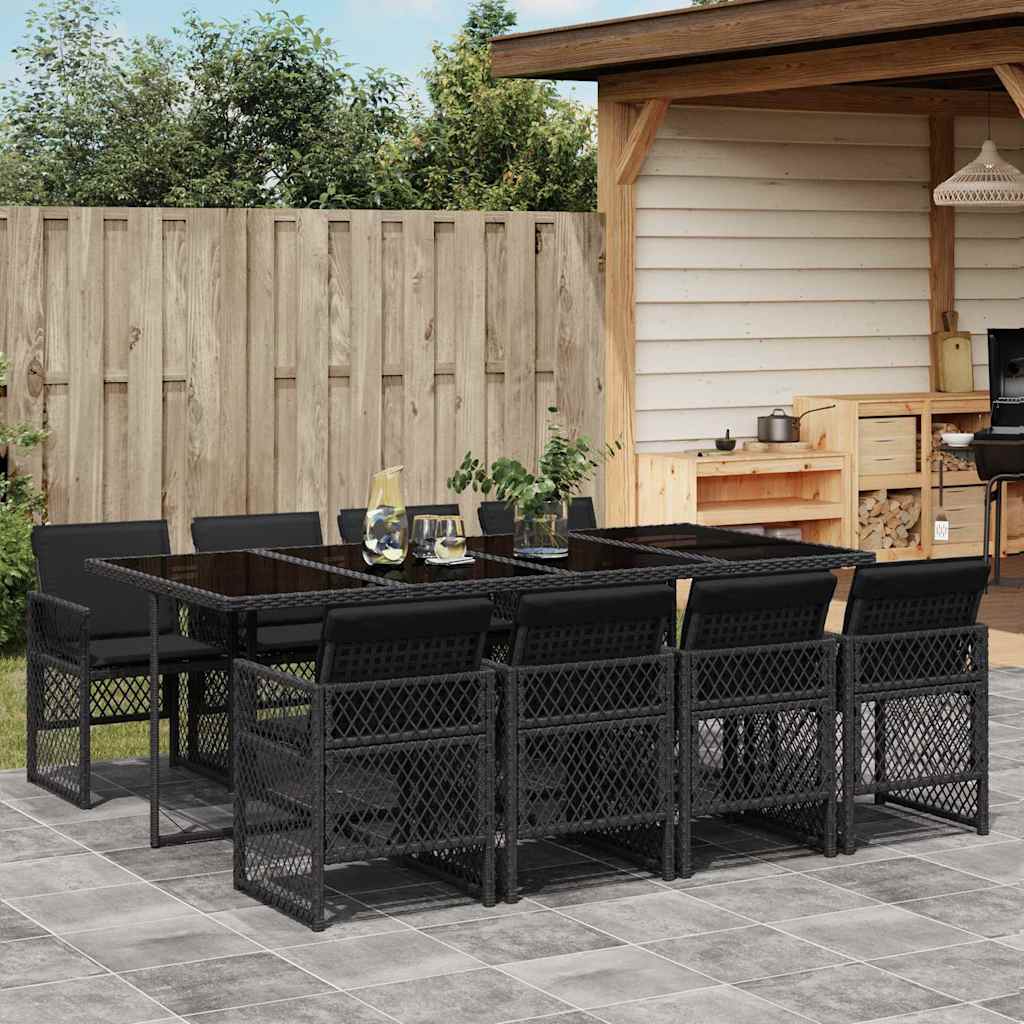 9 Piece Garden Dining Set with Cushions Poly Rattan Glass 8 pcs Black