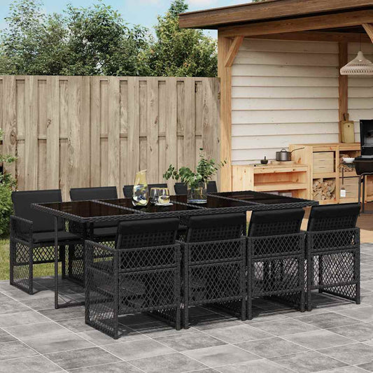 9 Piece Garden Dining Set with Cushions Poly Rattan Glass 8 pcs Black