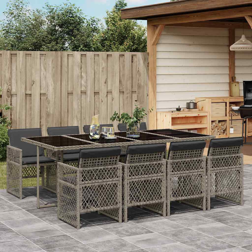 9 Piece Garden Dining Set with Cushions Poly Rattan Glass 8 pcs Grey