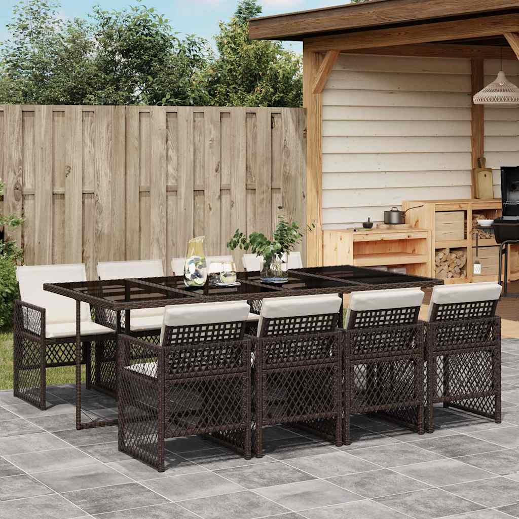 9 Piece Garden Dining Set with Cushions Poly Rattan Glass 8 pcs Brown and cream