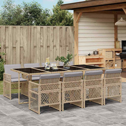 9 Piece Garden Dining Set with Cushions Poly Rattan Glass 8 pcs Beige and grey
