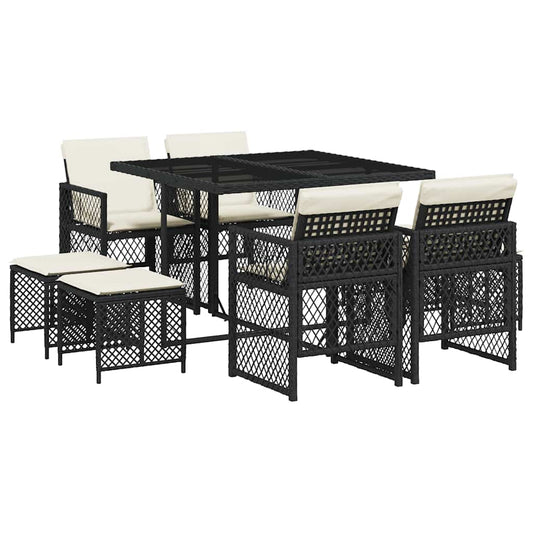 vidaXL 9 Piece Garden Dining Set with Cushions Black Poly Rattan 2