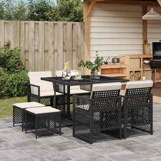 vidaXL 9 Piece Garden Dining Set with Cushions Black Poly Rattan 1