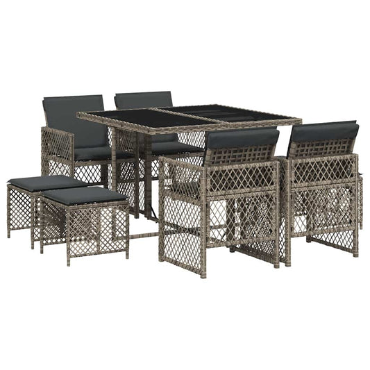 vidaXL 9 Piece Garden Dining Set with Cushions Grey Poly Rattan 2