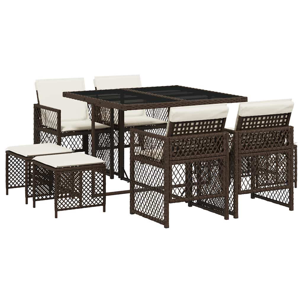 vidaXL 9 Piece Garden Dining Set with Cushions Brown Poly Rattan 2