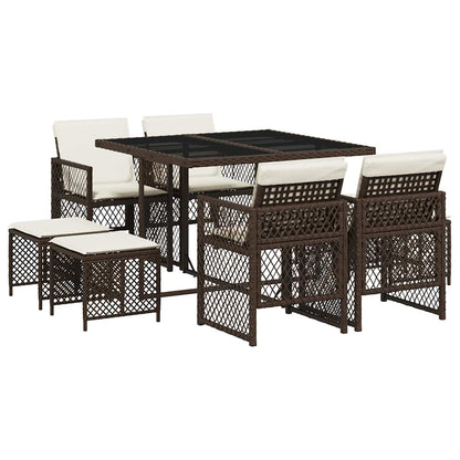 vidaXL 9 Piece Garden Dining Set with Cushions Brown Poly Rattan 2
