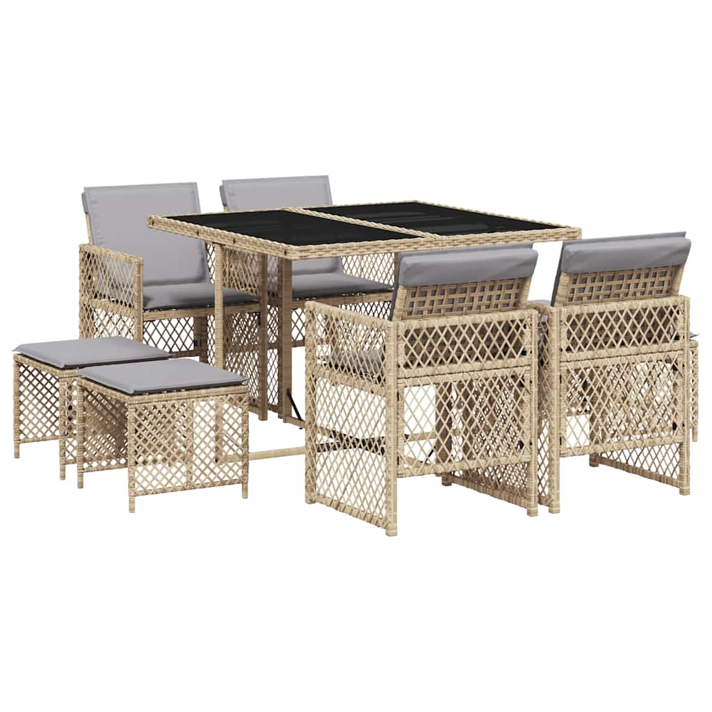 vidaXL 9 Piece Garden Dining Set with Cushions Beige Poly Rattan 2