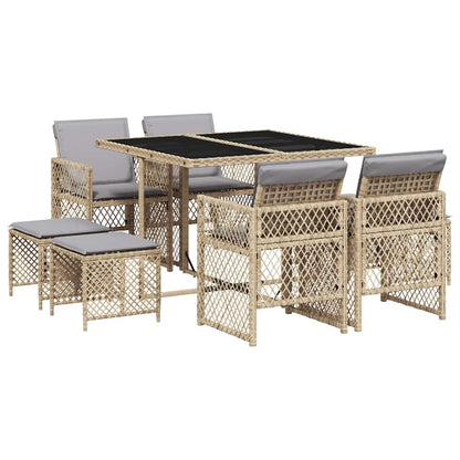 vidaXL 9 Piece Garden Dining Set with Cushions Beige Poly Rattan 2