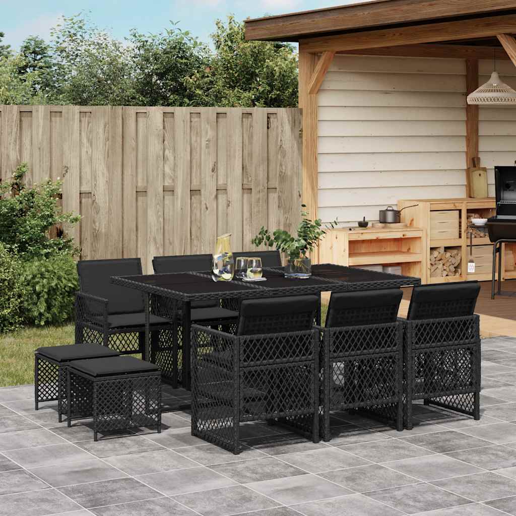 vidaXL 11 Piece Garden Dining Set with Cushions Poly Rattan Glass 10