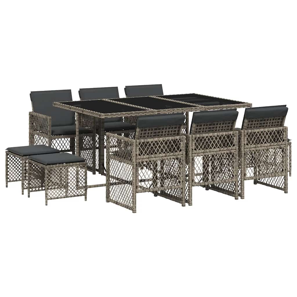 vidaXL 11 Piece Garden Dining Set with Cushions Grey Poly Rattan 2