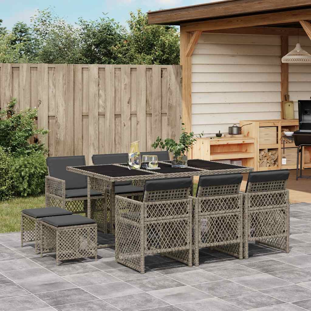 vidaXL 11 Piece Garden Dining Set with Cushions Grey Poly Rattan 1