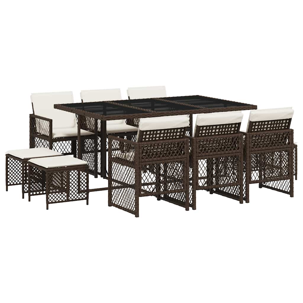 vidaXL 11 Piece Garden Dining Set with Cushions Brown Poly Rattan 2