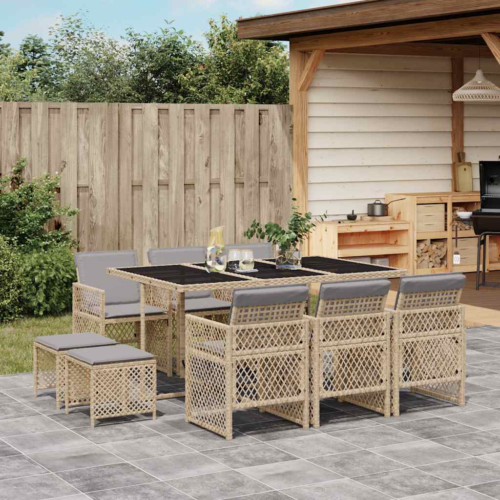 vidaXL 11 Piece Garden Dining Set with Cushions Poly Rattan Glass 10