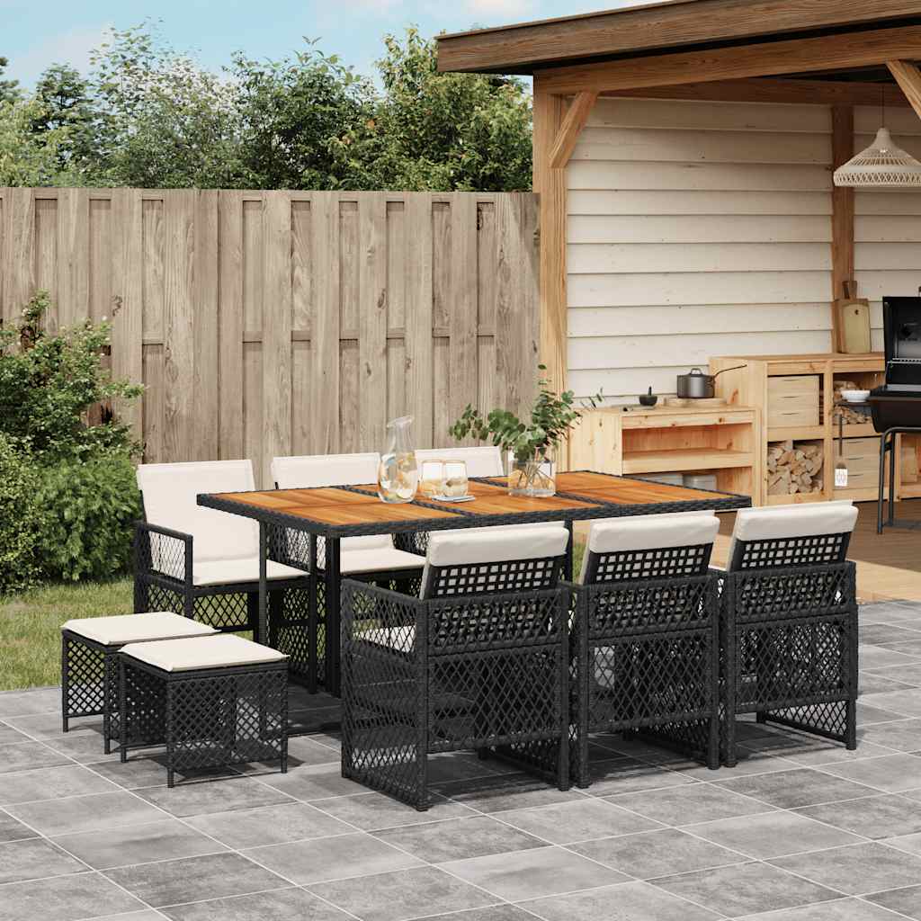 vidaXL 9 Piece Garden Dining Set with Cushions Poly Rattan Wood