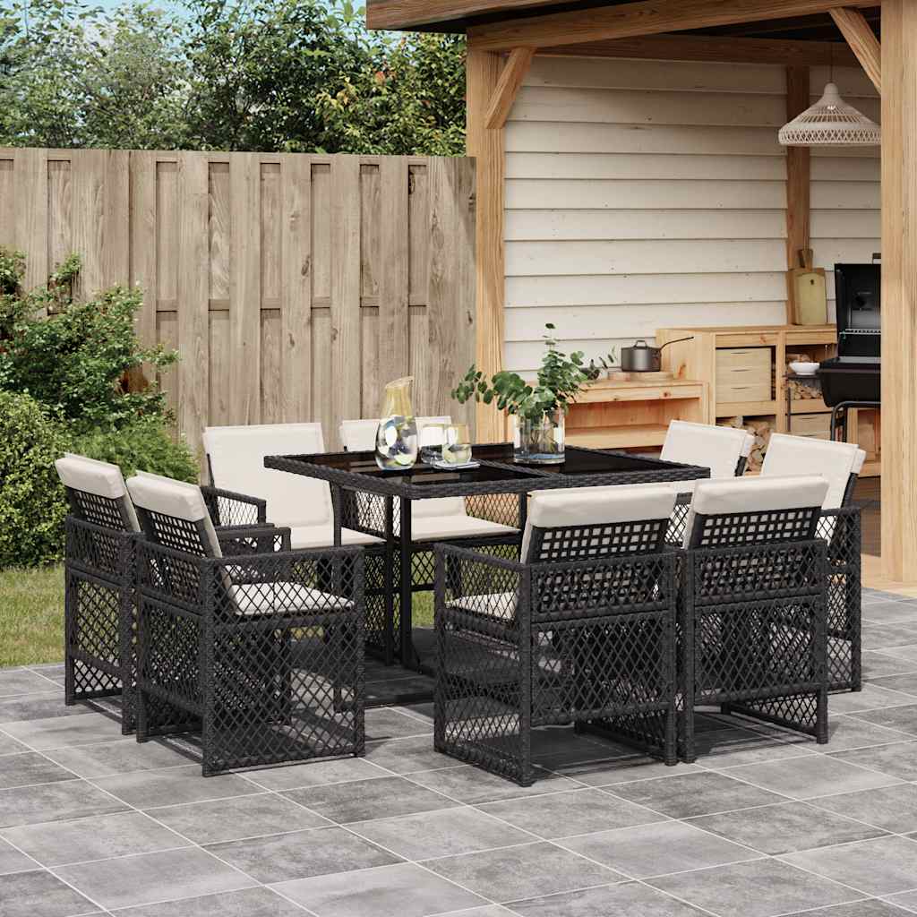 vidaXL 9 Piece Garden Dining Set with Cushions Black Poly Rattan 1