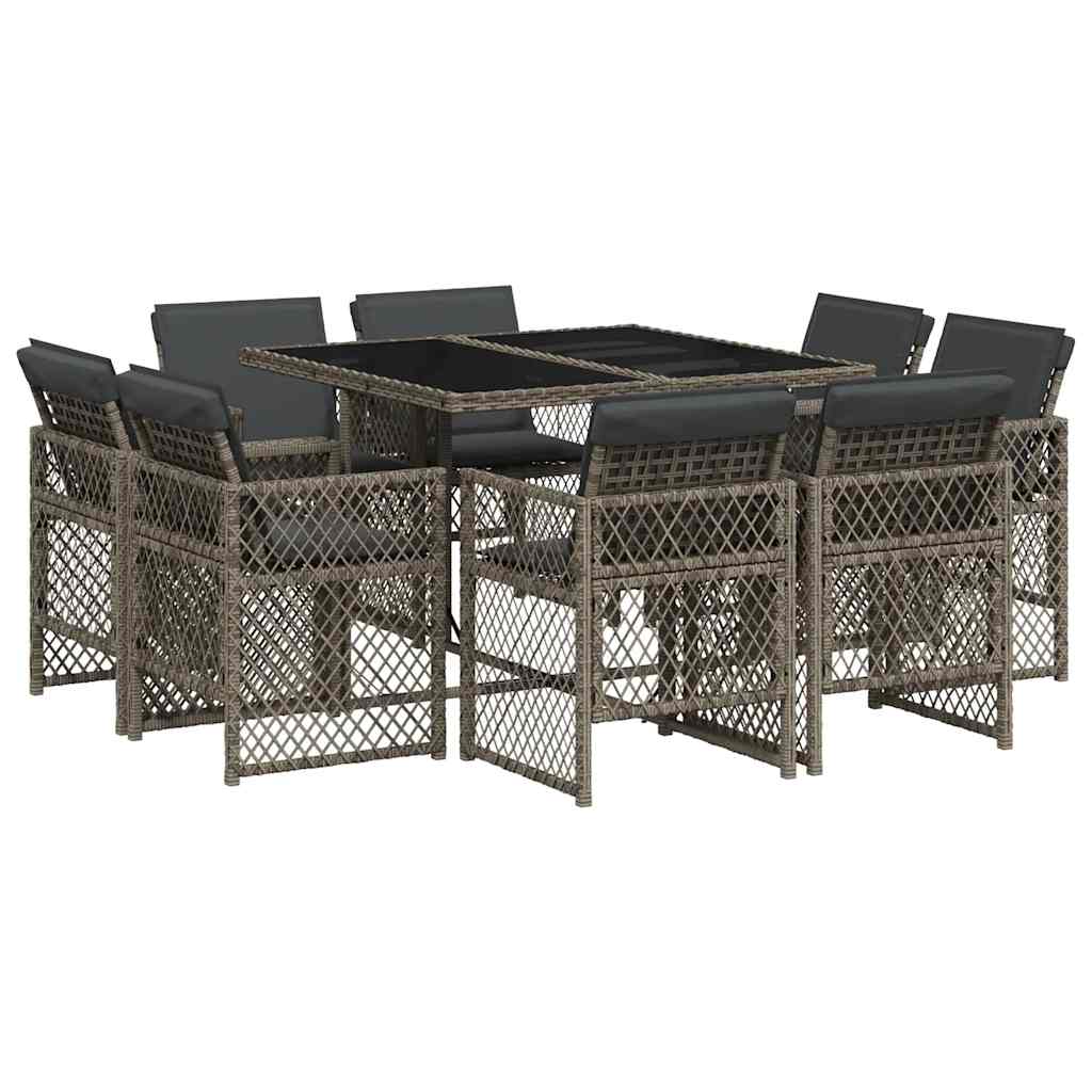 vidaXL 9 Piece Garden Dining Set with Cushions Grey Poly Rattan 2