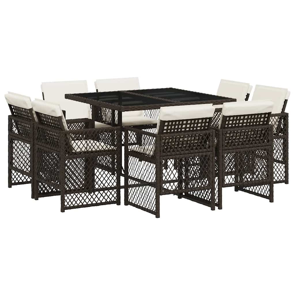 vidaXL 9 Piece Garden Dining Set with Cushions Brown Poly Rattan 2