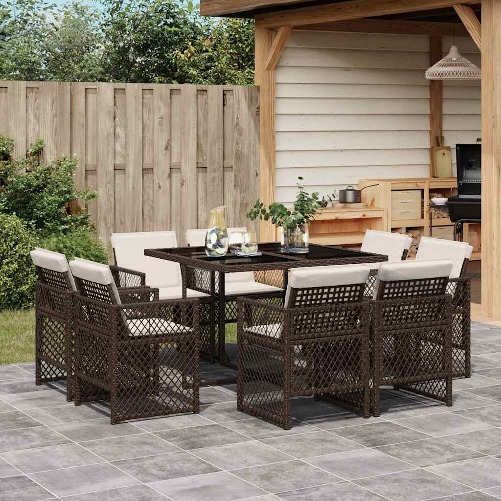 vidaXL 9 Piece Garden Dining Set with Cushions Brown Poly Rattan 1