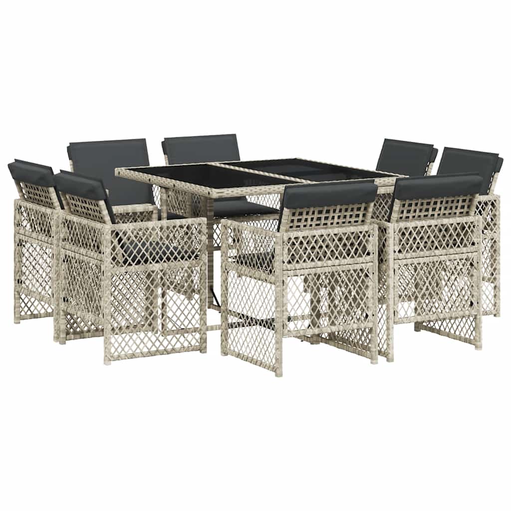 vidaXL 9 Piece Garden Dining Set with Cushions Light Grey Poly Rattan 2