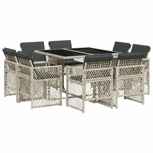 vidaXL 9 Piece Garden Dining Set with Cushions Light Grey Poly Rattan 2