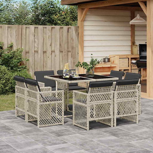 vidaXL 9 Piece Garden Dining Set with Cushions Light Grey Poly Rattan 1