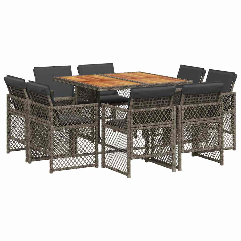 9 Piece Garden Dining Set with Cushions Poly Rattan Wood Grey 8
