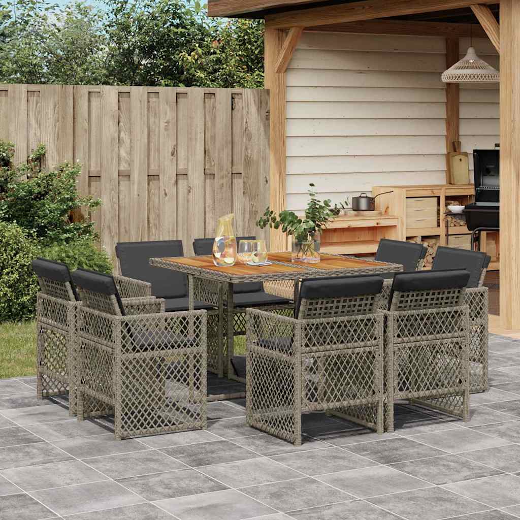 9 Piece Garden Dining Set with Cushions Poly Rattan Wood Grey 8