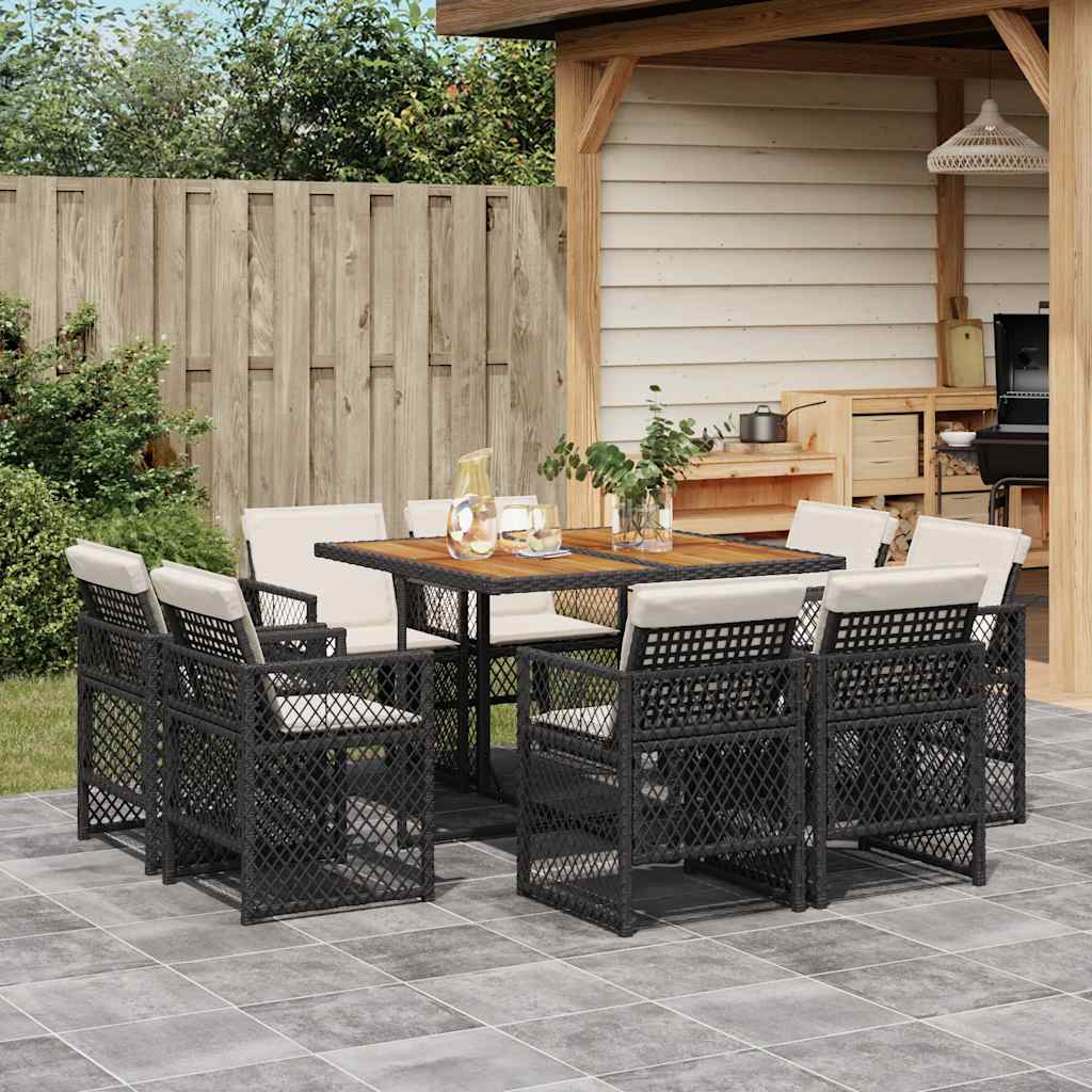 9 Piece Garden Dining Set with Cushions Poly Rattan Wood Black and cream 8