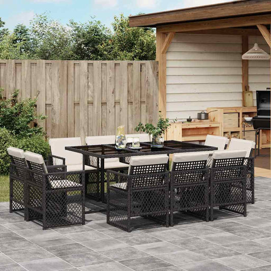 11 Piece Garden Dining Set with Cushions Poly Rattan Glass 10 pcs Black and cream