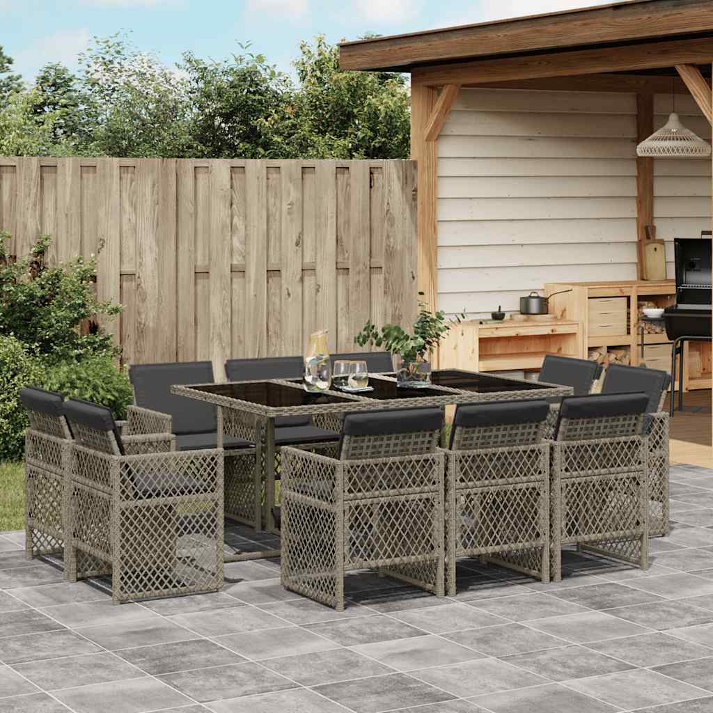11 Piece Garden Dining Set with Cushions Poly Rattan Glass 10 pcs Grey