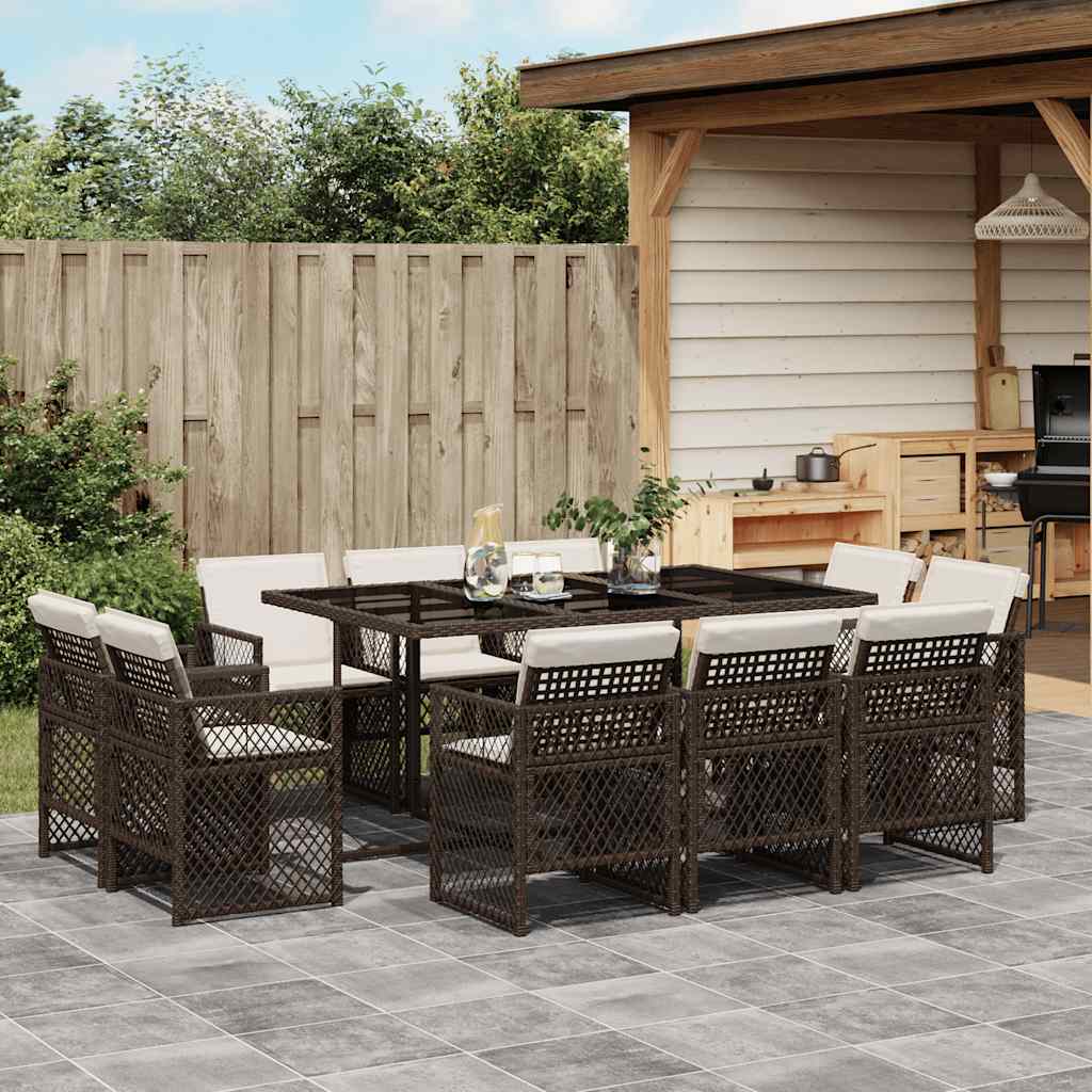 11 Piece Garden Dining Set with Cushions Poly Rattan Glass 10 pcs Brown