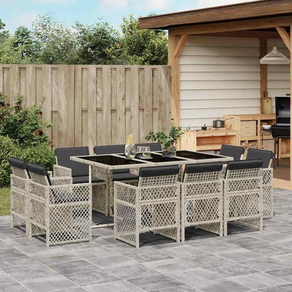 vidaXL 11 Piece Garden Dining Set with Cushions Light Grey Poly Rattan 1
