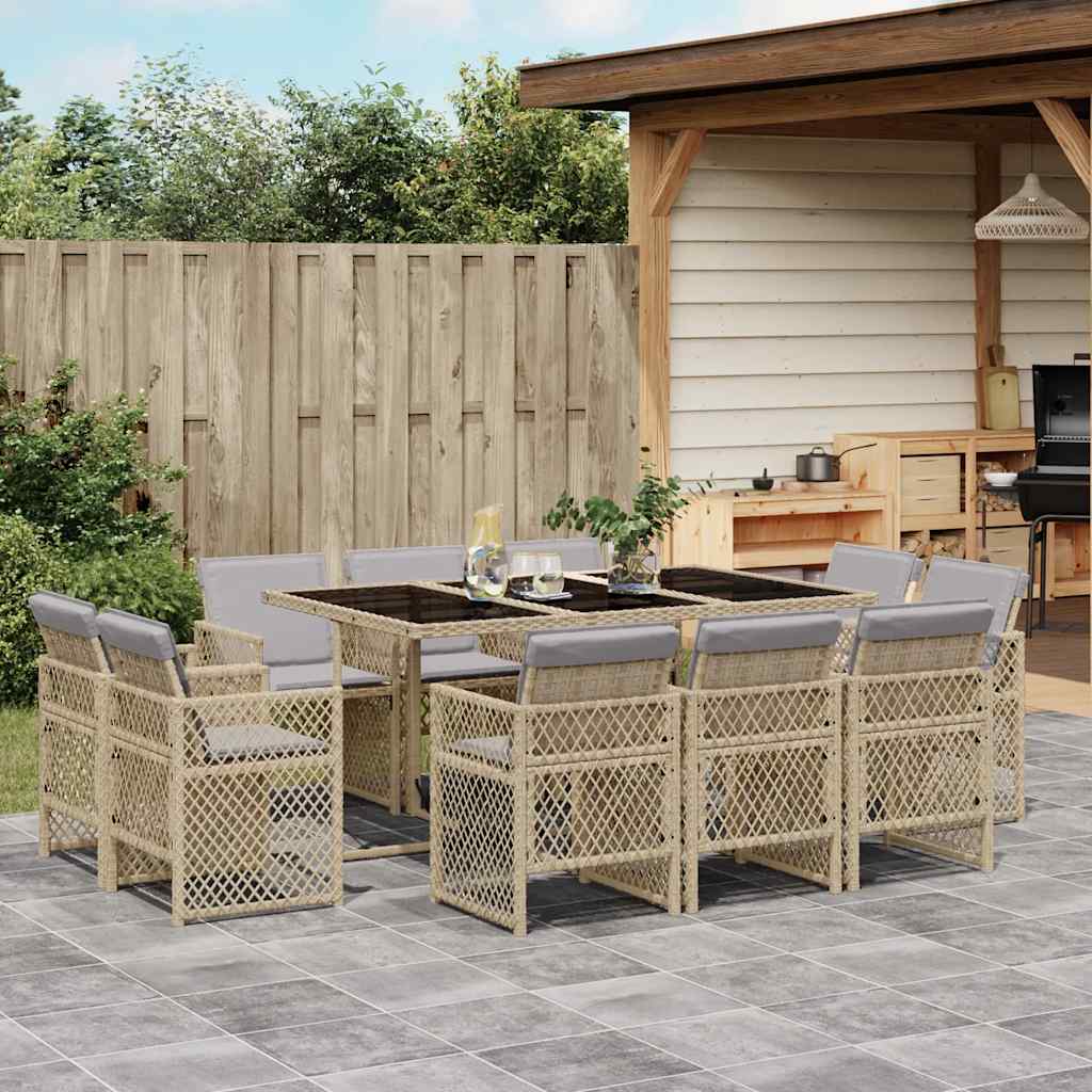 11 Piece Garden Dining Set with Cushions Poly Rattan Glass 10 pcs Mix beige