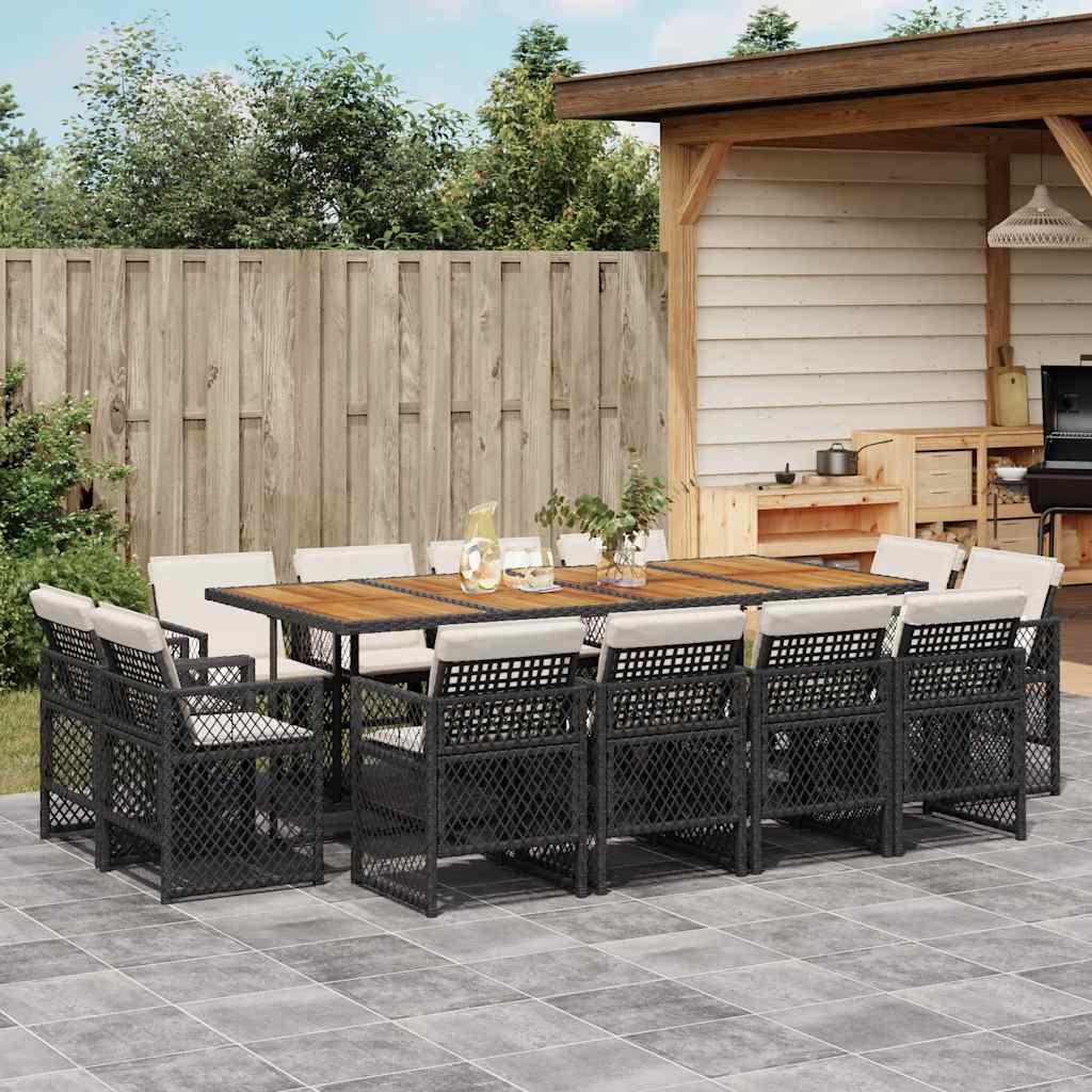 9 Piece Garden Dining Set with Cushions Poly Rattan Wood Black and cream 12