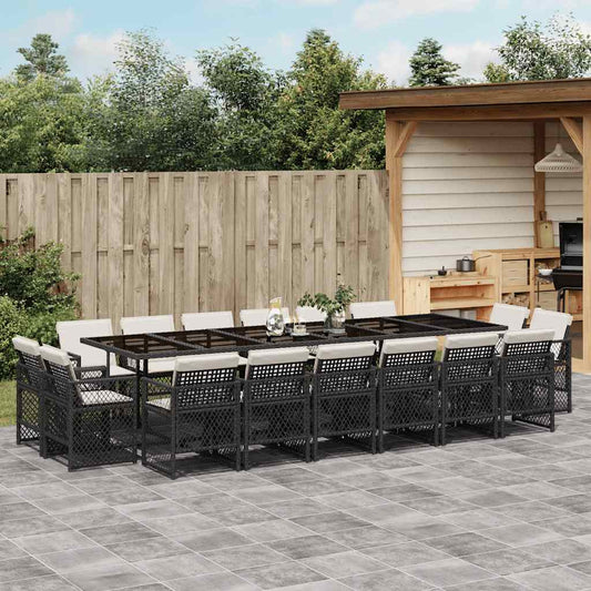 17 Piece Garden Dining Set with Cushions Poly Rattan Glass 16 pcs Black and cream